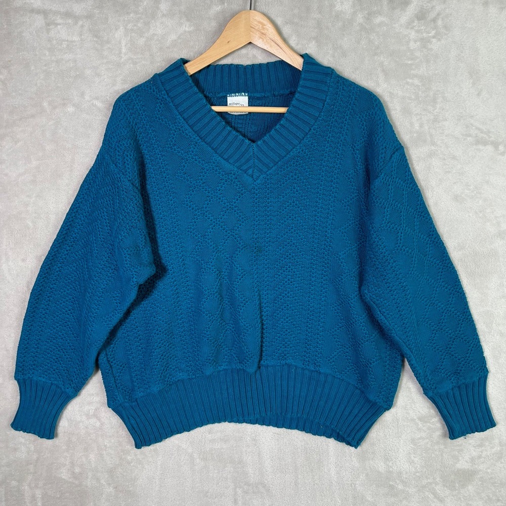 Vintage Willapa Bay Knits Teal Sweater S V Neck Made in South Bend Washington